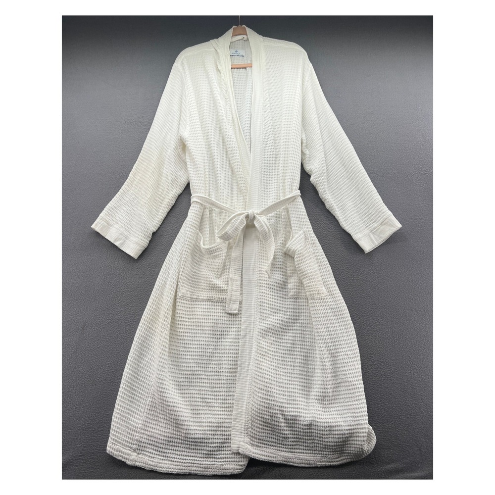 Matouk Robe L/XL White Cotton Bamboo Blend Spa Bathrobe Waffle Knit